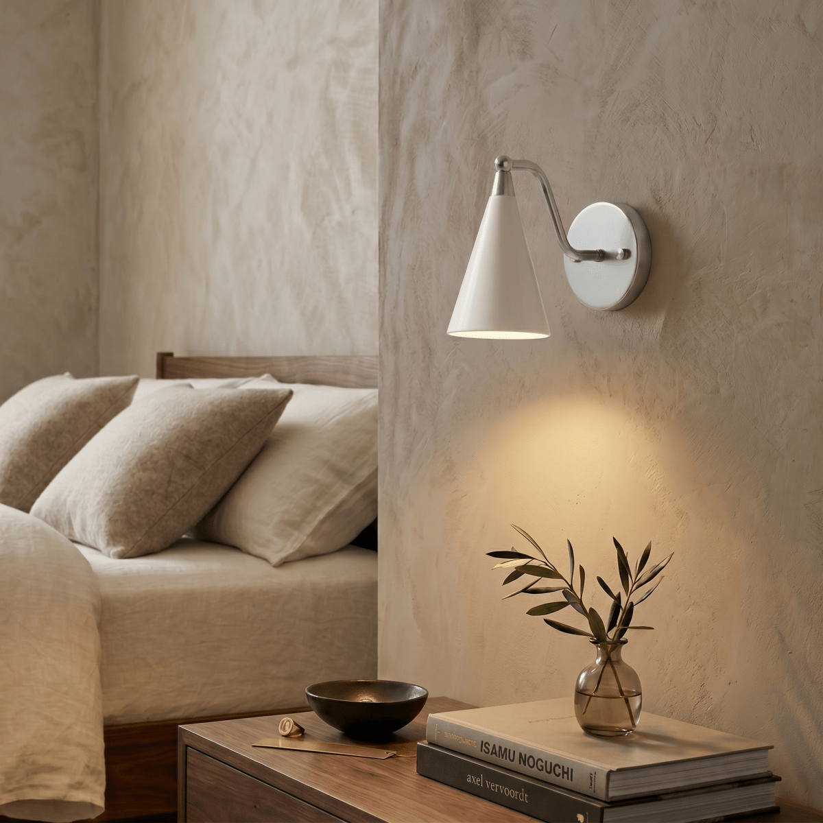 Clérachic satin chrome cone-shade wall sconce lit above a bedside table with a vase and stacked hardcover books.