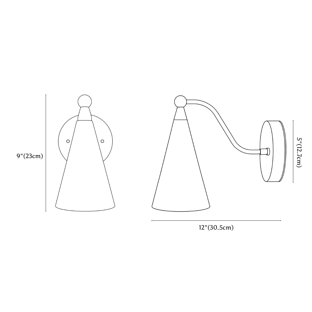 Clérachic wall light dimension drawing, every measurement marked in centimetres and inches.
