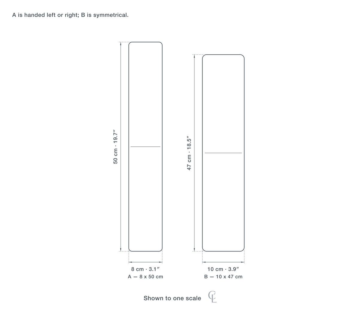 Technical dimension drawing of the Curved Wall Light for Bedside, Acrylic Diffuser Sconce in all 2 sizes — A at 8 × 50 cm (3.1 × 19.7″), B at 10 × 47 cm (3.9 × 18.5″), drawn to one scale.