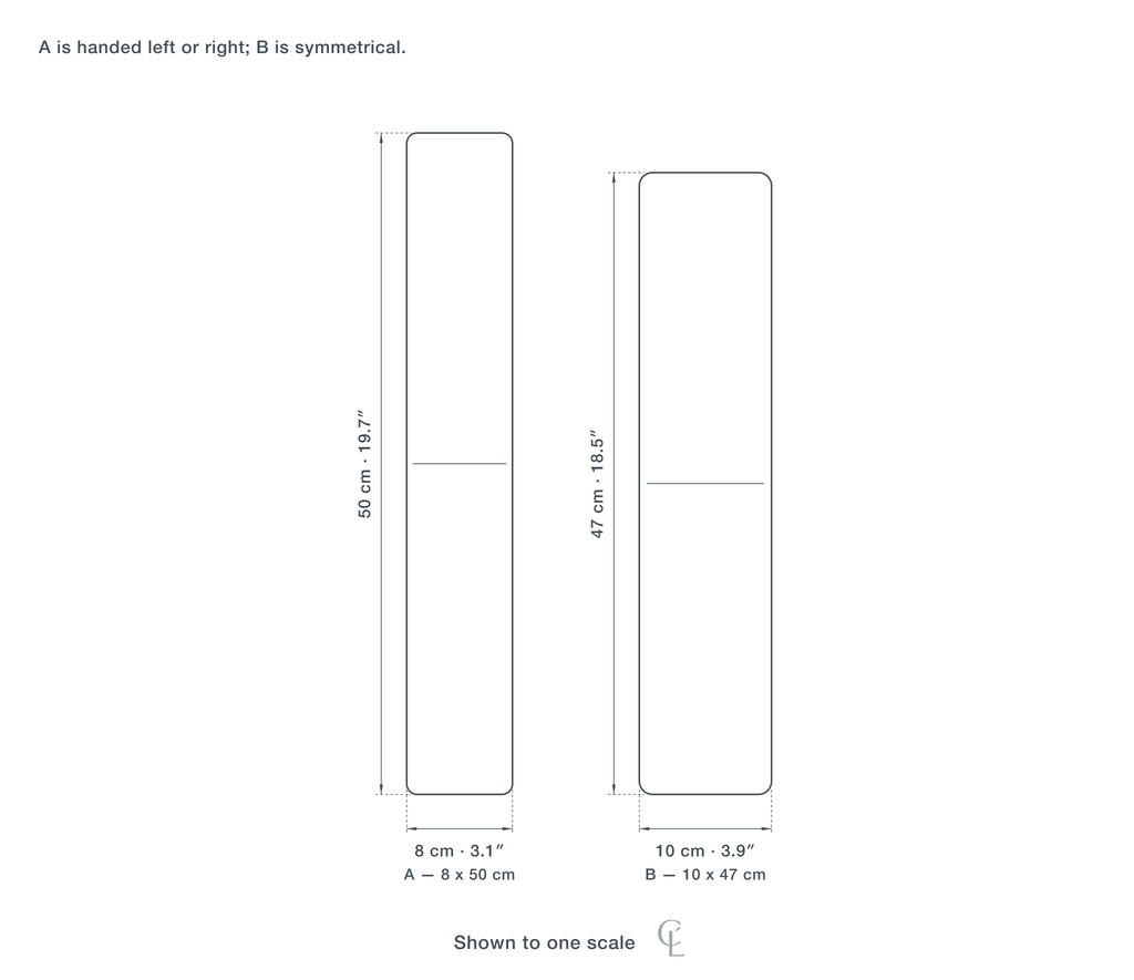 Technical dimension drawing of the Clérachic Curved Wall Light for Bedside, Acrylic Diffuser Sconce in all 2 sizes — A at 8 × 50 cm (3.1 × 19.7″), B at 10 × 47 cm (3.9 × 18.5″), drawn to one scale.