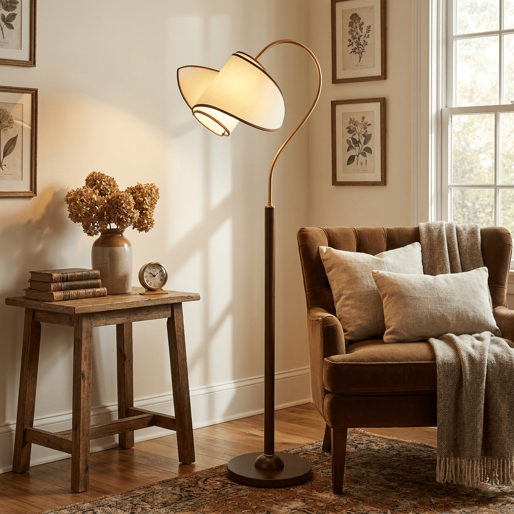 A Clérachic arched floor lamp beside a brown armchair and a rustic stool, with dried flowers in the corner of a warm room.