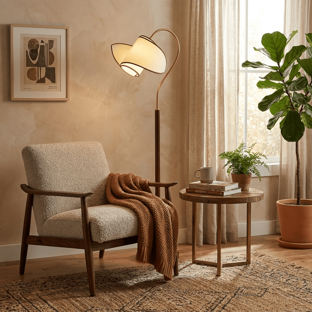In a sunlit corner, a Clérachic floor lamp with a curved brass arm arches over a bouclé armchair and a round side table.