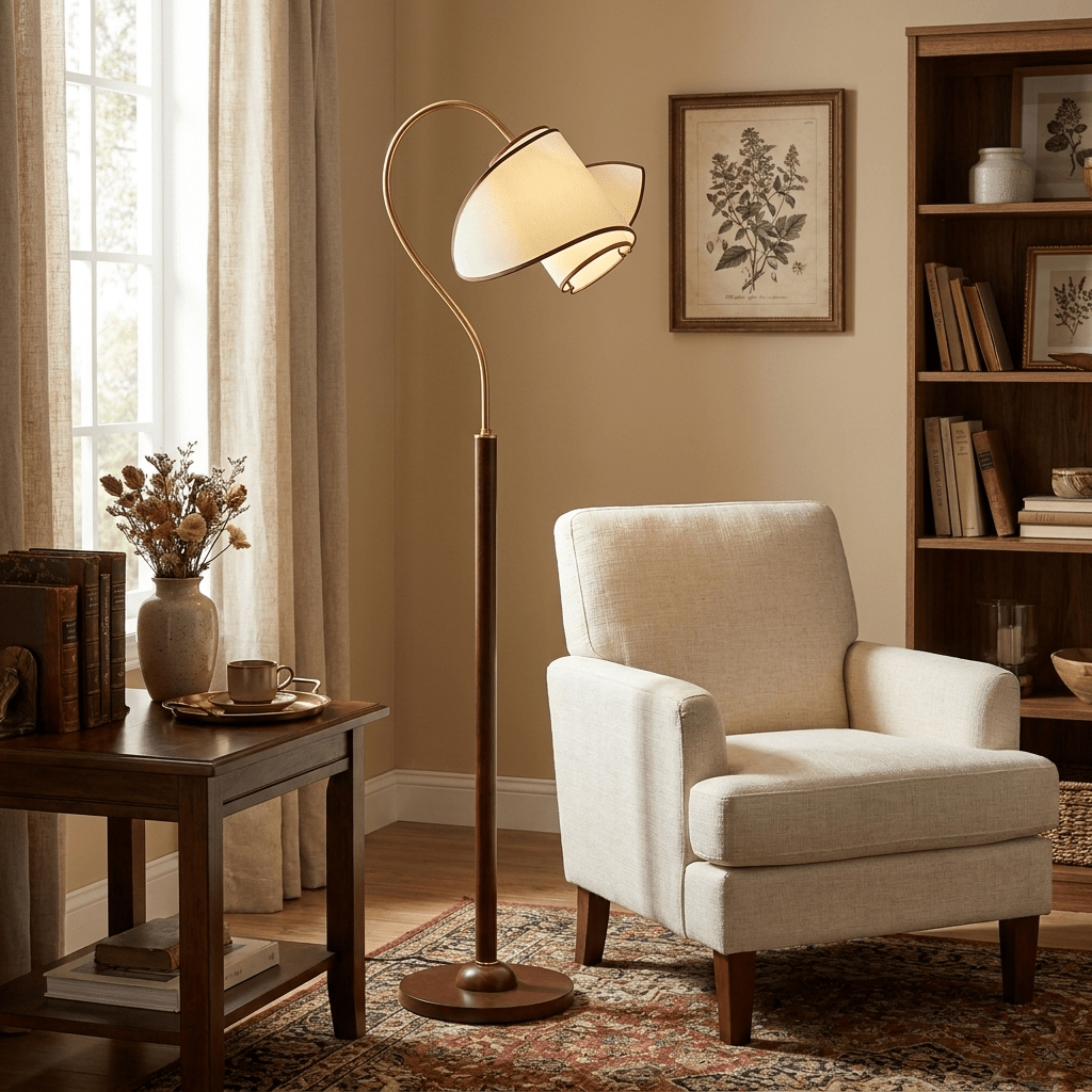 Near a cream armchair and a bookcase, a Clérachic floor lamp with a twisting white shade glows beside a framed plant print.