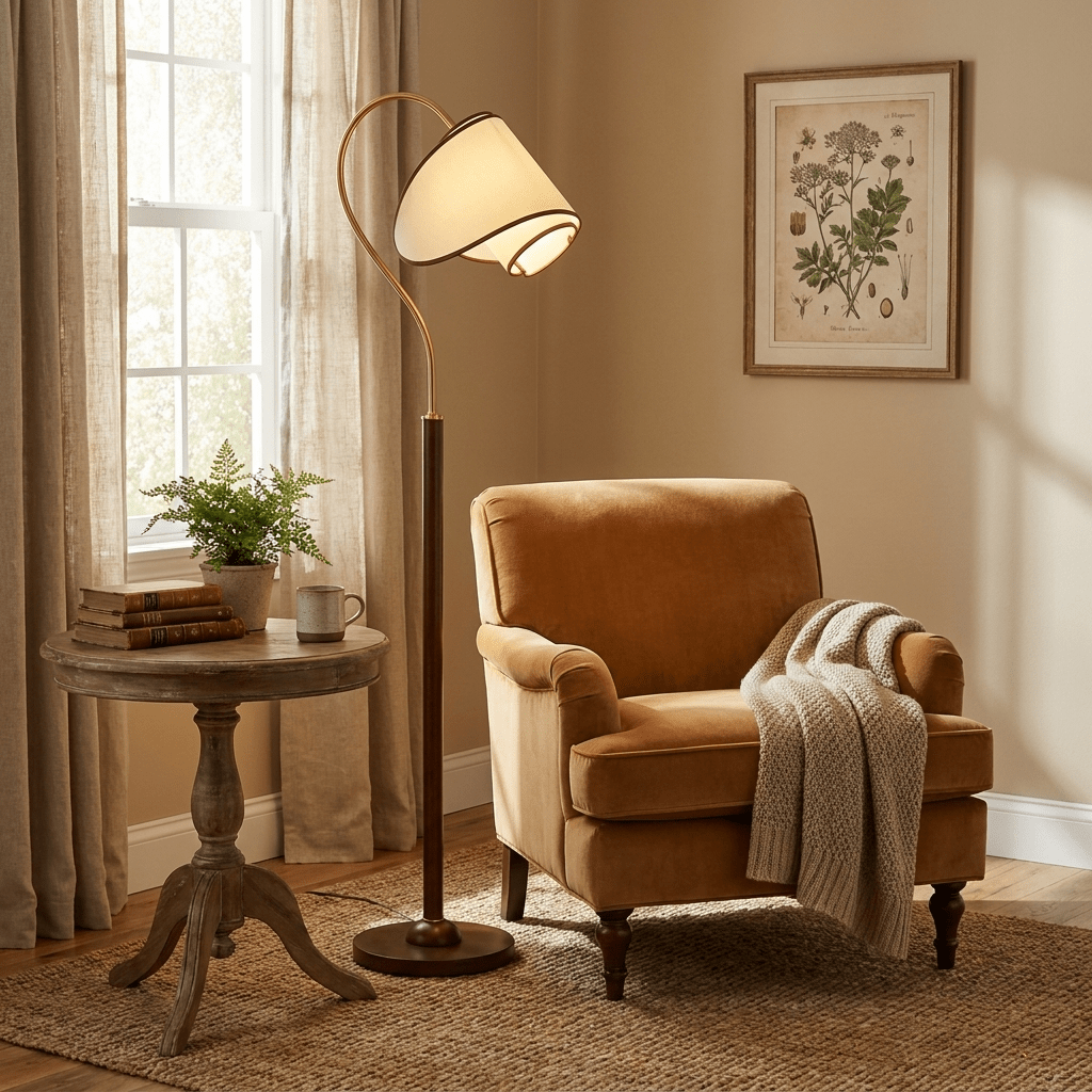 A Clérachic floor lamp arches over a round table and a tan velvet armchair draped in a knitted throw, next to a window.