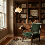 A Clérachic floor lamp stands in front of a tall bookcase and a green velvet chair, in a study with a patterned rug.