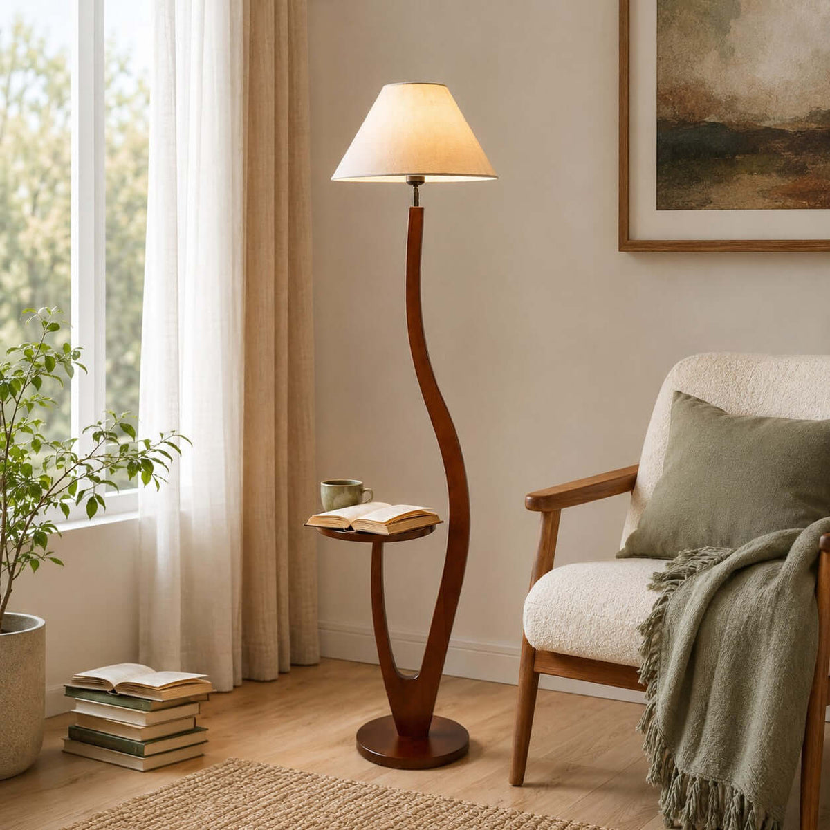 A cream tapered shade on this Clérachic floor lamp stands by a sunny window, with an open book and a cup resting on its tray.
