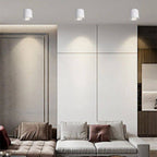 Three Clérachic white cylinder downlights lighting a living room ceiling, washing a panelled wall above a sofa with light.