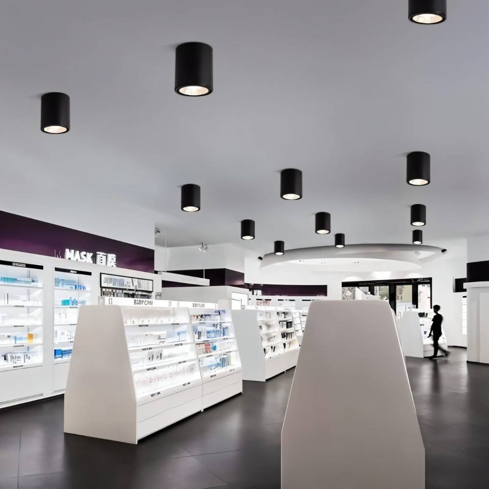 Clérachic black cylinder downlights scattered across a high ceiling above display units in a bright, open retail space.