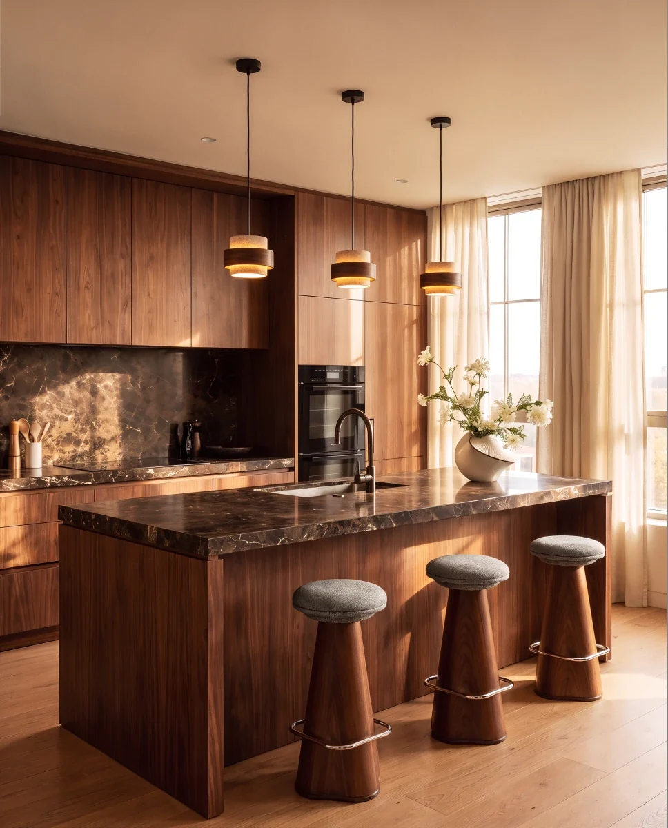 Clérachic three travertine and wood drum pendants glowing warm over a marble-topped walnut kitchen island with grey stools.