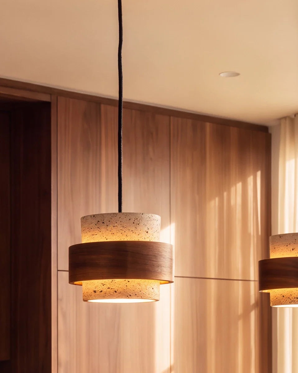 Clérachic travertine and walnut-banded drum pendant close up, hung on a black braided cord and lit warm against walnut panelling.