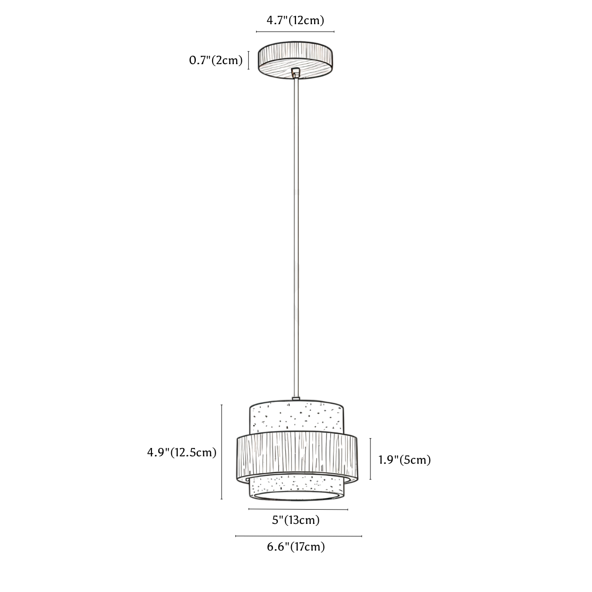 Clérachic pendant light dimension drawing, 17 × 12.5 cm, every measurement marked in centimetres and inches.