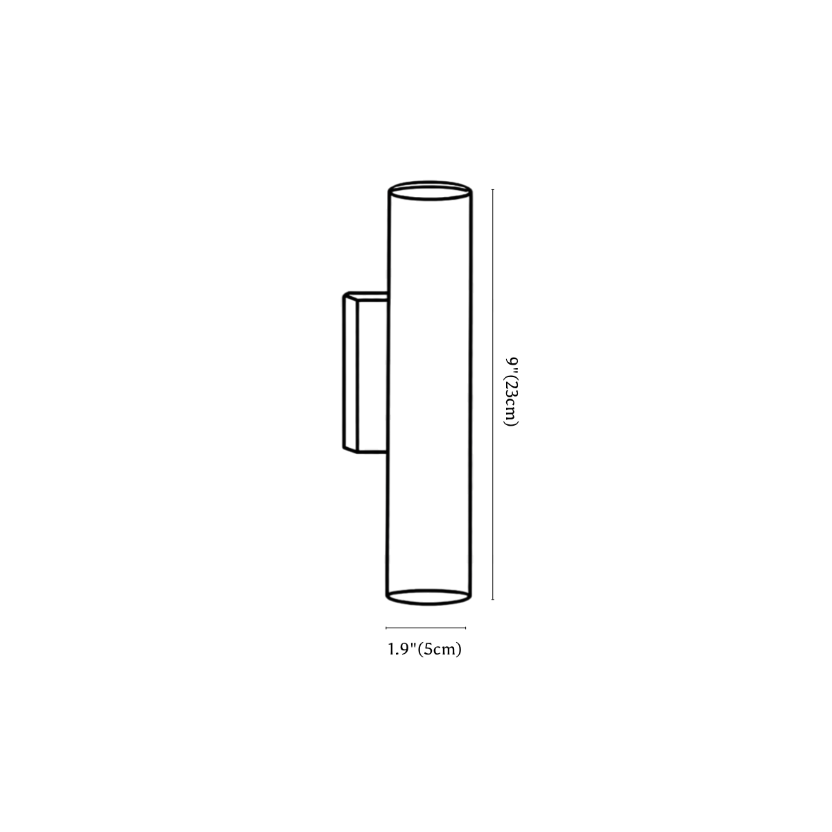 Clérachic wall light dimension drawing, every measurement marked in centimetres and inches.