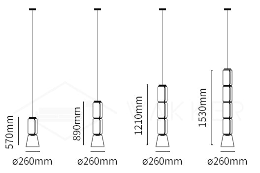 Dimension drawing of the cylindrical led pendant light, in outline against white.