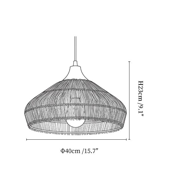 Clérachic pendant light dimension drawing, 1 of 4, every measurement marked in centimetres and inches.