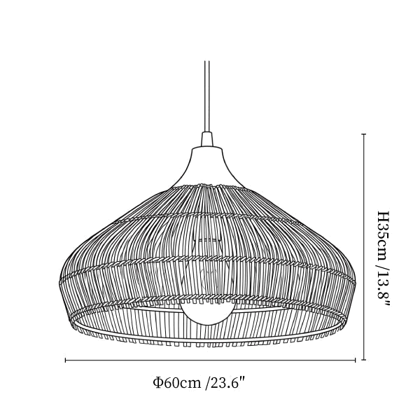 Clérachic pendant light dimension drawing, 3 of 4, every measurement marked in centimetres and inches.