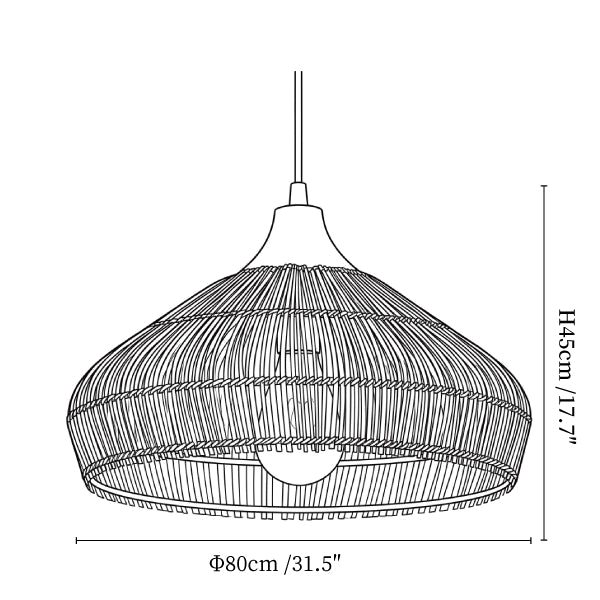 Clérachic pendant light dimension drawing, 4 of 4, every measurement marked in centimetres and inches.