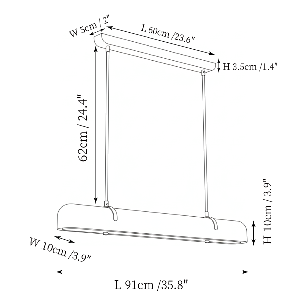Dimension drawing of this Clérachic pendant, with its length, width, height and drop marked.