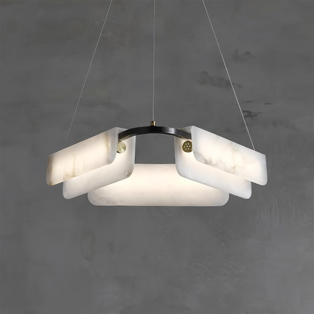 Clérachic Delia chandelier, rectangular alabaster blocks set around a black and brass ring.