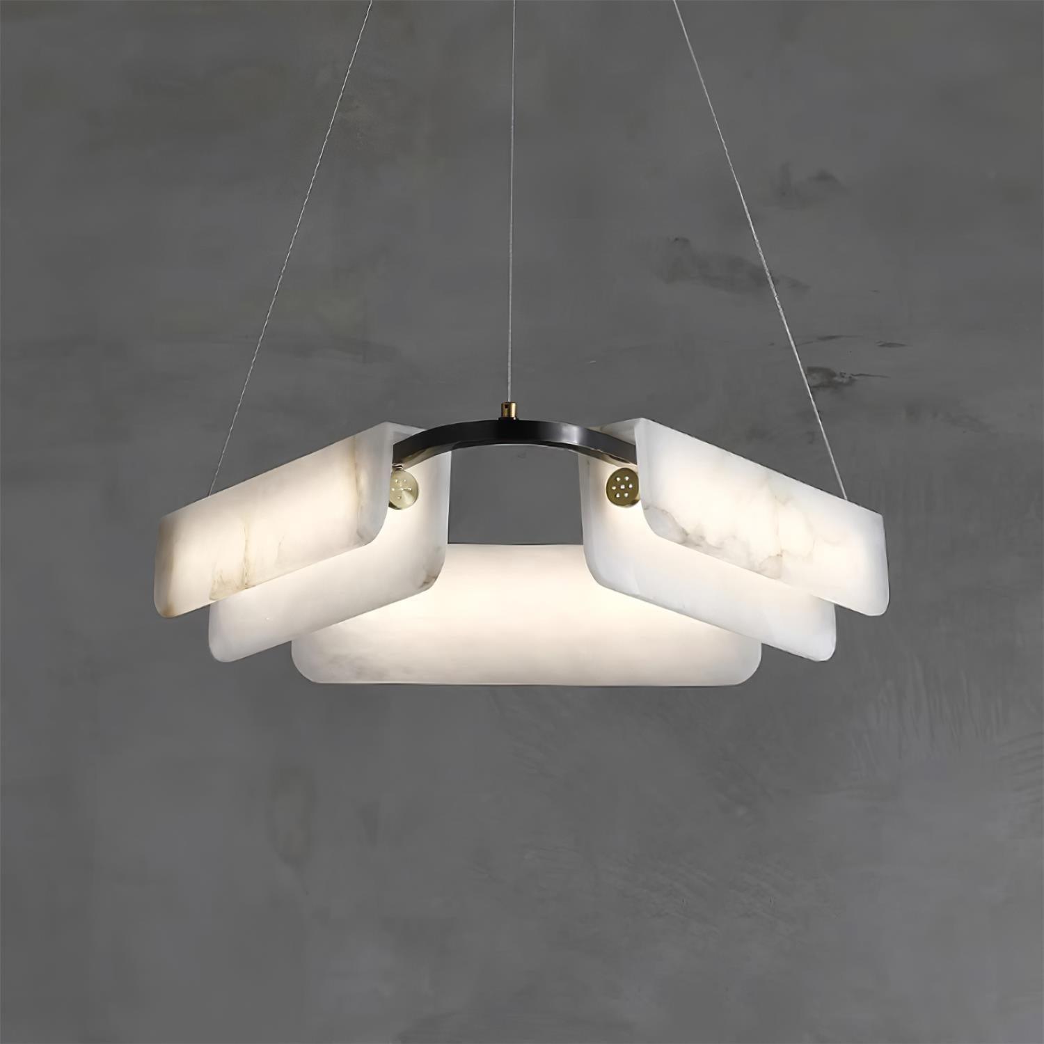 Clérachic Delia chandelier, rectangular alabaster blocks set around a black and brass ring.