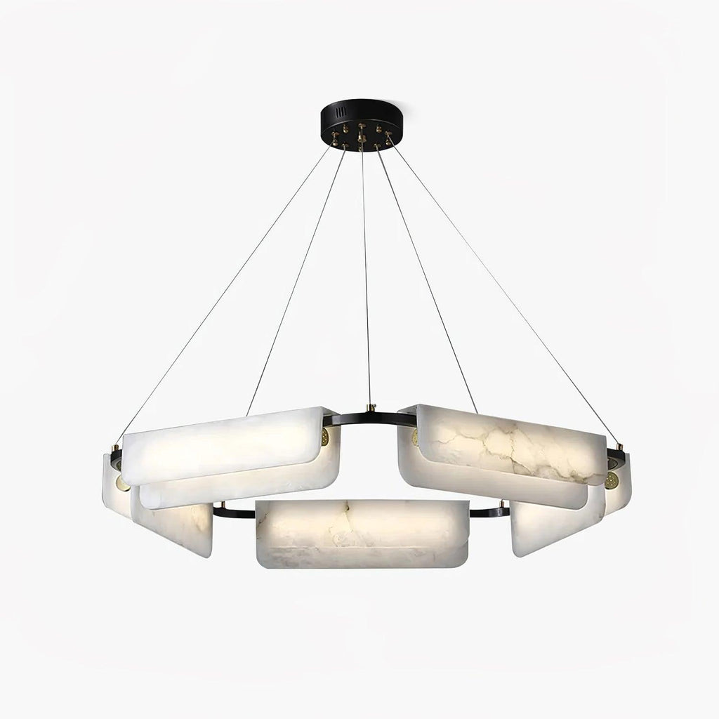 Clérachic Delia chandelier on white, seen from below with the black ceiling canopy above.