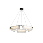 Clérachic Delia alabaster chandelier in its five-head size, backlit stone panels set around a black ring on slender cables.