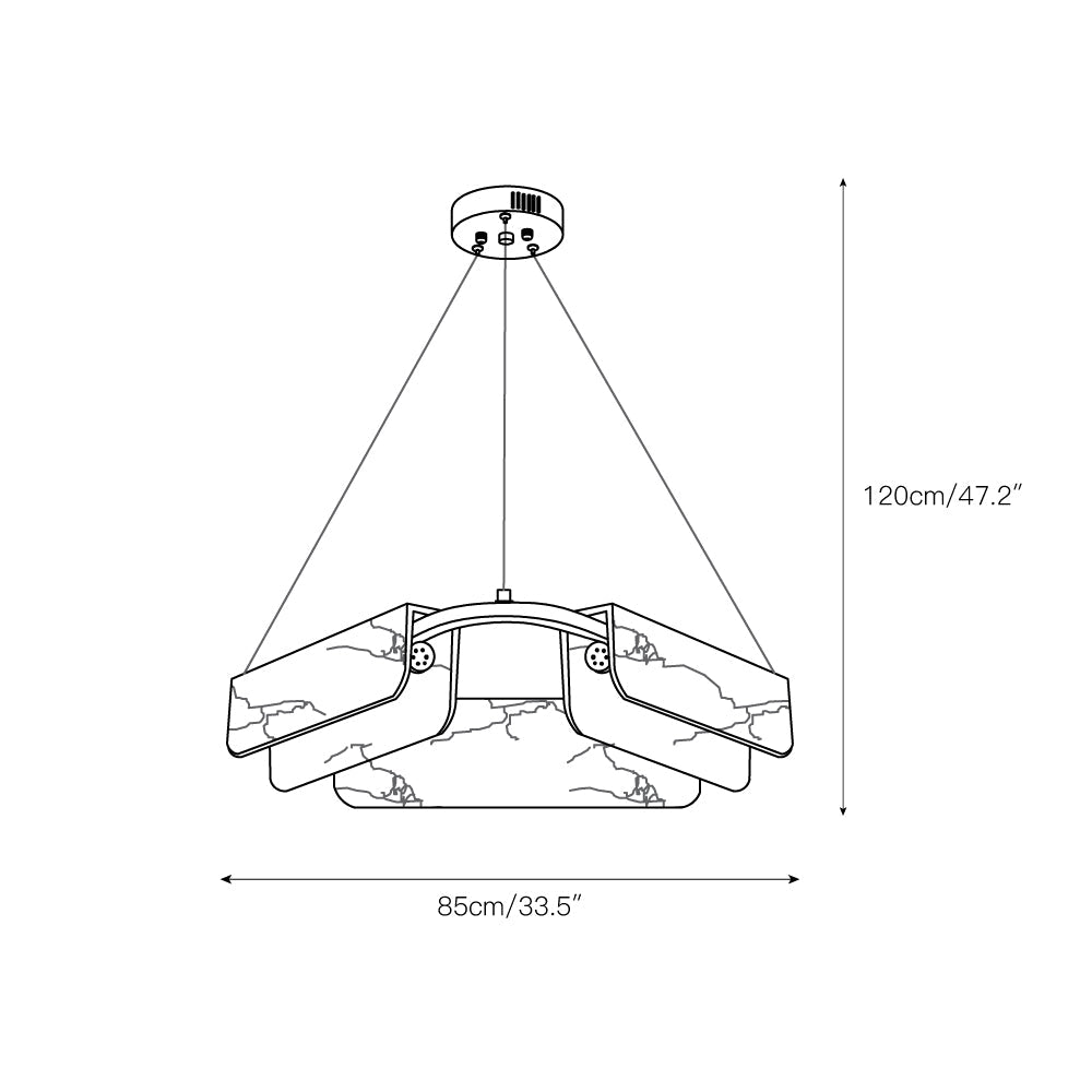 Dimension drawing of the three-head Clérachic Delia chandelier at 85 cm across and 120 cm from the ceiling.