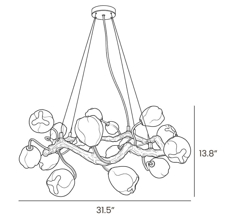 Dimension drawing of this Clérachic chandelier, with its height and width marked.