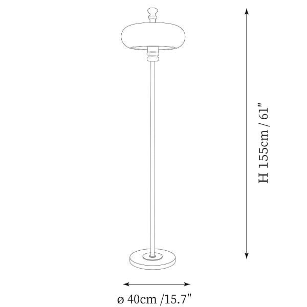 Dimension drawing of this Clérachic floor lamp, with its 155 cm height and 40 cm base diameter marked.