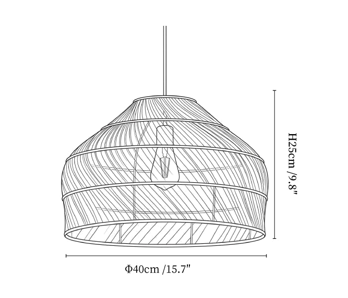 Clérachic pendant light dimension drawing, 1 of 3, every measurement marked in centimetres and inches.