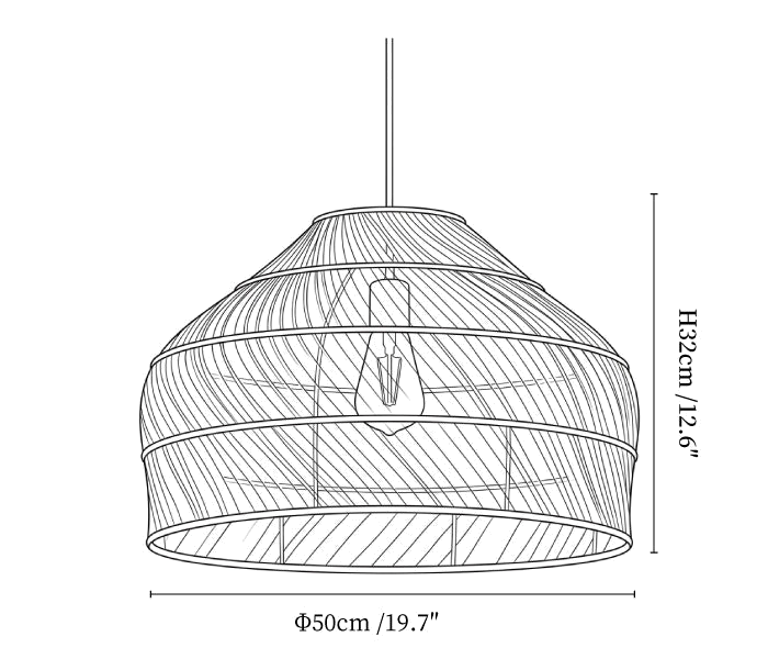 Clérachic pendant light dimension drawing, 2 of 3, every measurement marked in centimetres and inches.