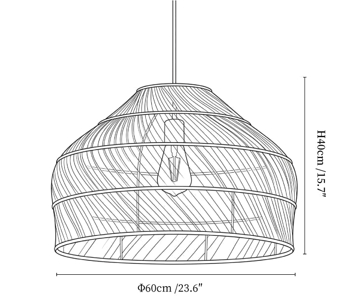 Clérachic pendant light dimension drawing, 3 of 3, every measurement marked in centimetres and inches.