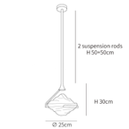 Dimension drawing of this Clérachic pendant, with its 25 cm width, 30 cm shade height and 50 cm plus 50 cm rods marked.