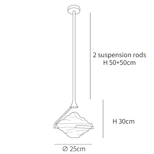 Dimension drawing of this Clérachic pendant, with its 25 cm width, 30 cm shade height and 50 cm plus 50 cm rods marked.