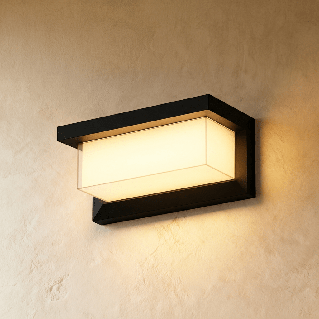 Clérachic black horizontal outdoor wall lamp in a larger size, its frosted diffuser glowing warm white on a plaster wall