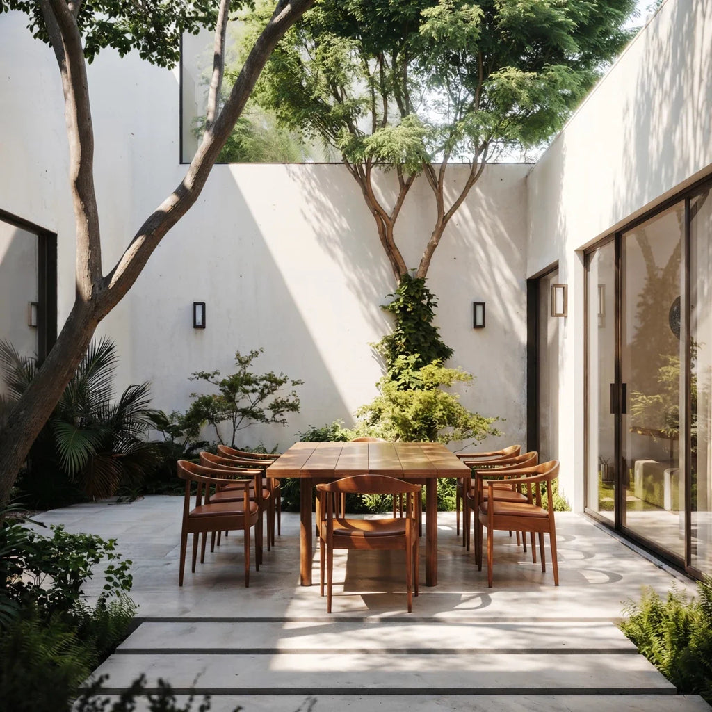 Four Clérachic black outdoor wall lamps on white courtyard walls around a teak dining table, seen in daylight