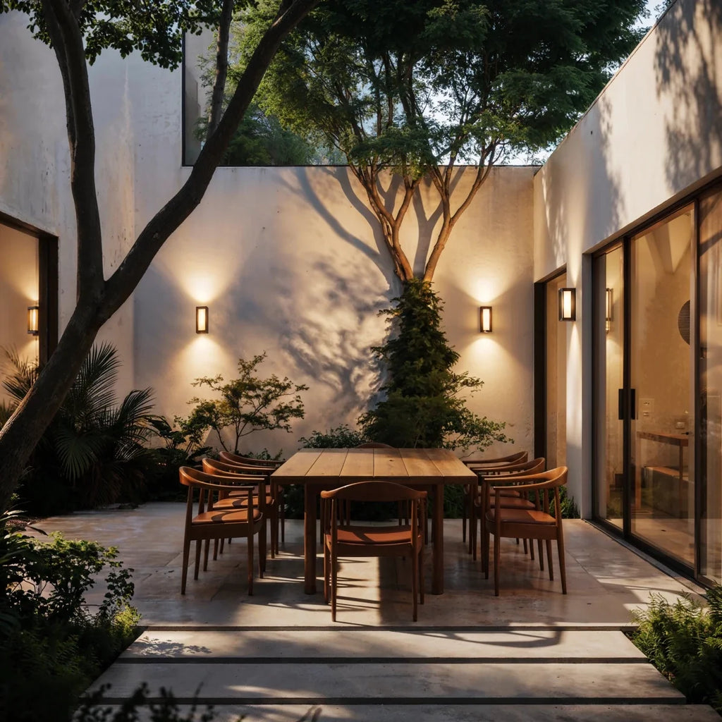 Clérachic black outdoor wall lamps lit at dusk, casting warm light up and down white courtyard walls over a dining table