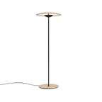 Full-length view of this Clérachic floor lamp on white, showing the wide wood-grain shade, black stem and round base.