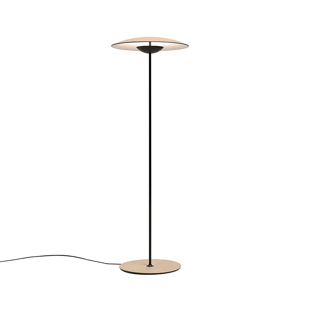 Full-length view of this Clérachic floor lamp on white, showing the wide wood-grain shade, black stem and round base.