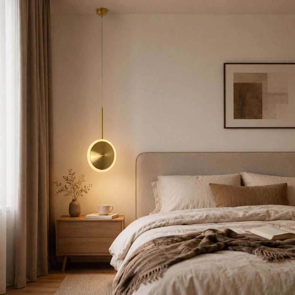 A single vertical Clérachic disc pendant in brushed gold glows beside a bed with a linen headboard, a wooden bedside table and a brown throw.