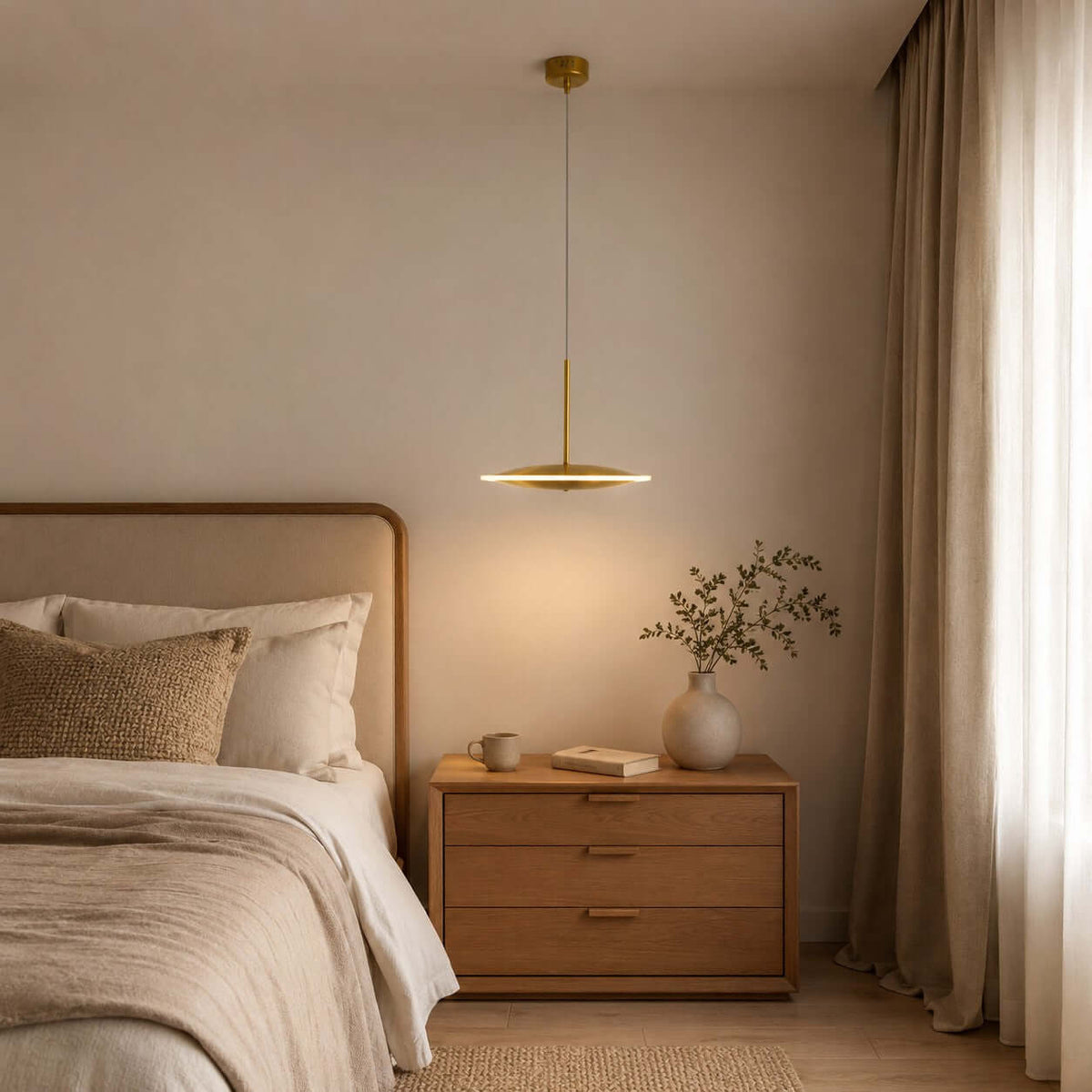 A horizontal Clérachic disc pendant in brushed gold hangs low beside a bed with an oak headboard and a wooden chest of drawers.