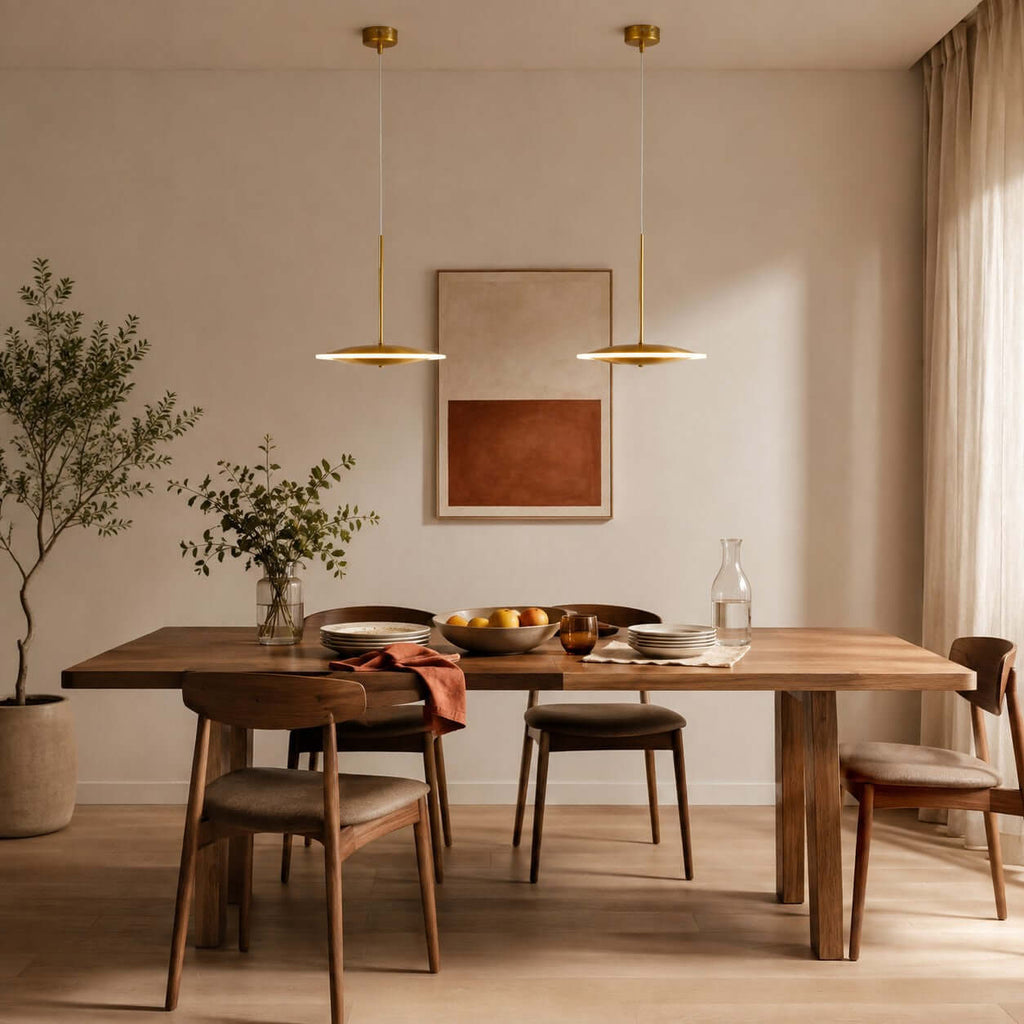 Two horizontal Clérachic disc pendants in brushed gold hang over a wooden dining table with a framed rust-coloured print and a plant behind.