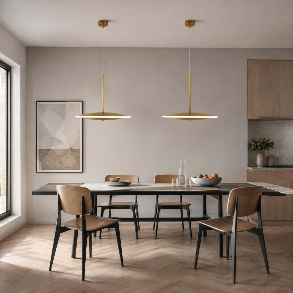 Two horizontal Clérachic disc pendants in brushed gold hang over a long dark table with tan leather chairs, a framed print and a tall window.
