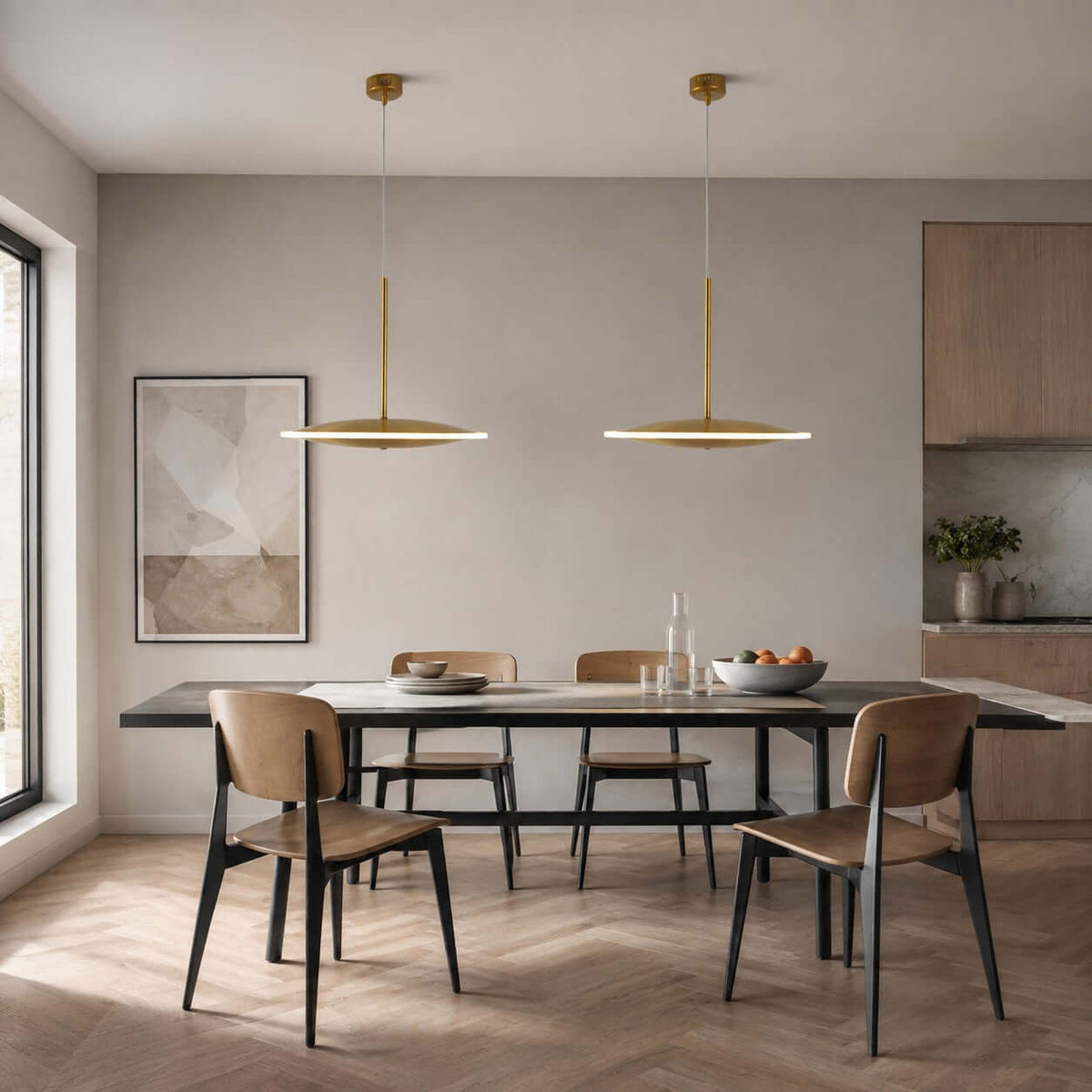 Two horizontal Clérachic disc pendants in brushed gold hang over a long dark table with tan leather chairs, a framed print and a tall window.