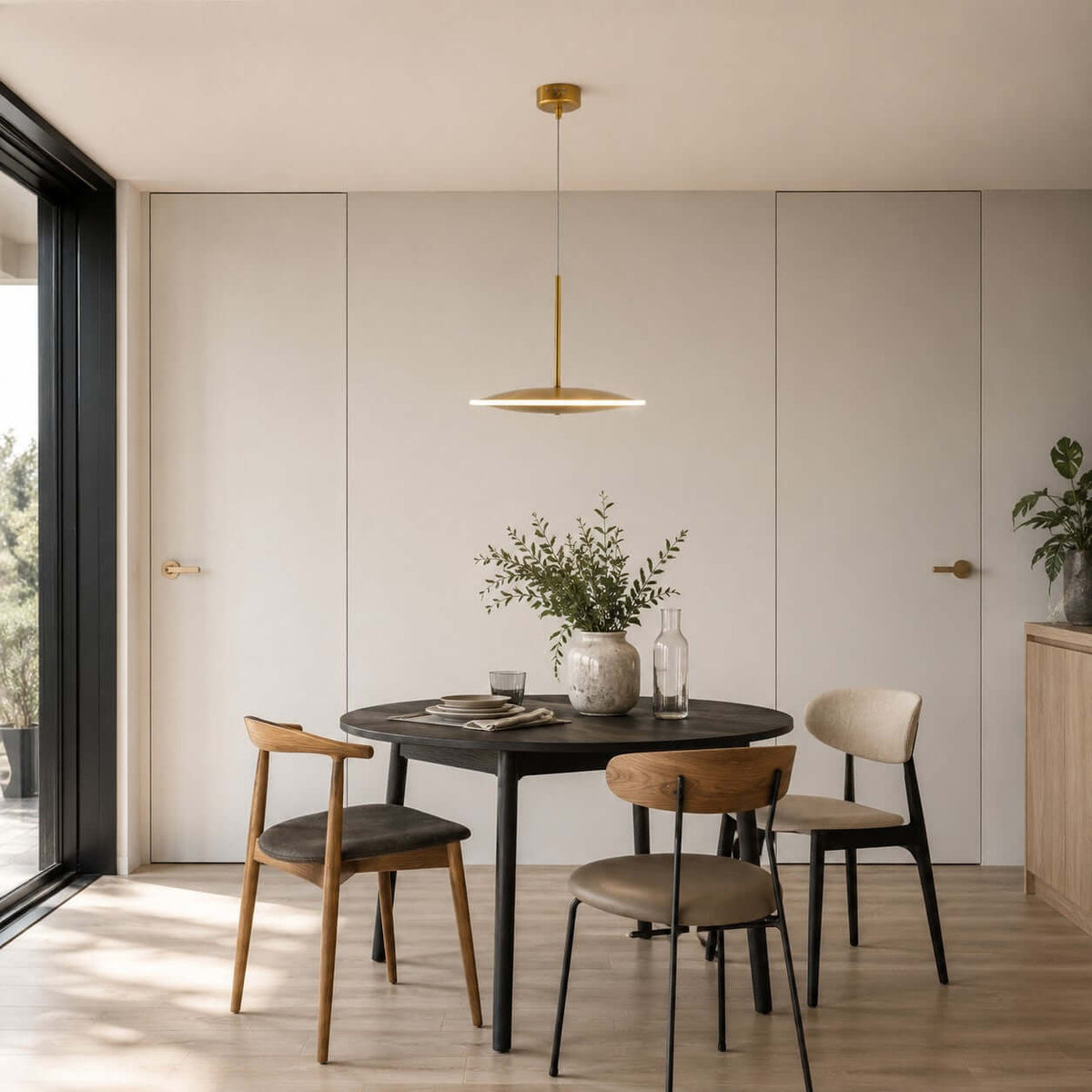 A single horizontal Clérachic disc pendant in brushed gold hangs over a small round black table with mixed wooden chairs and a vase of foliage.
