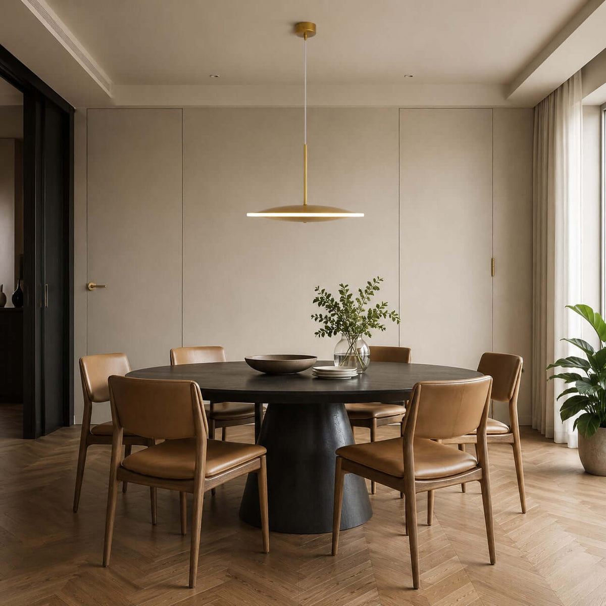 A horizontal Clérachic disc pendant in brushed gold hangs over a large round dark table with tan leather chairs in a pale panelled room.