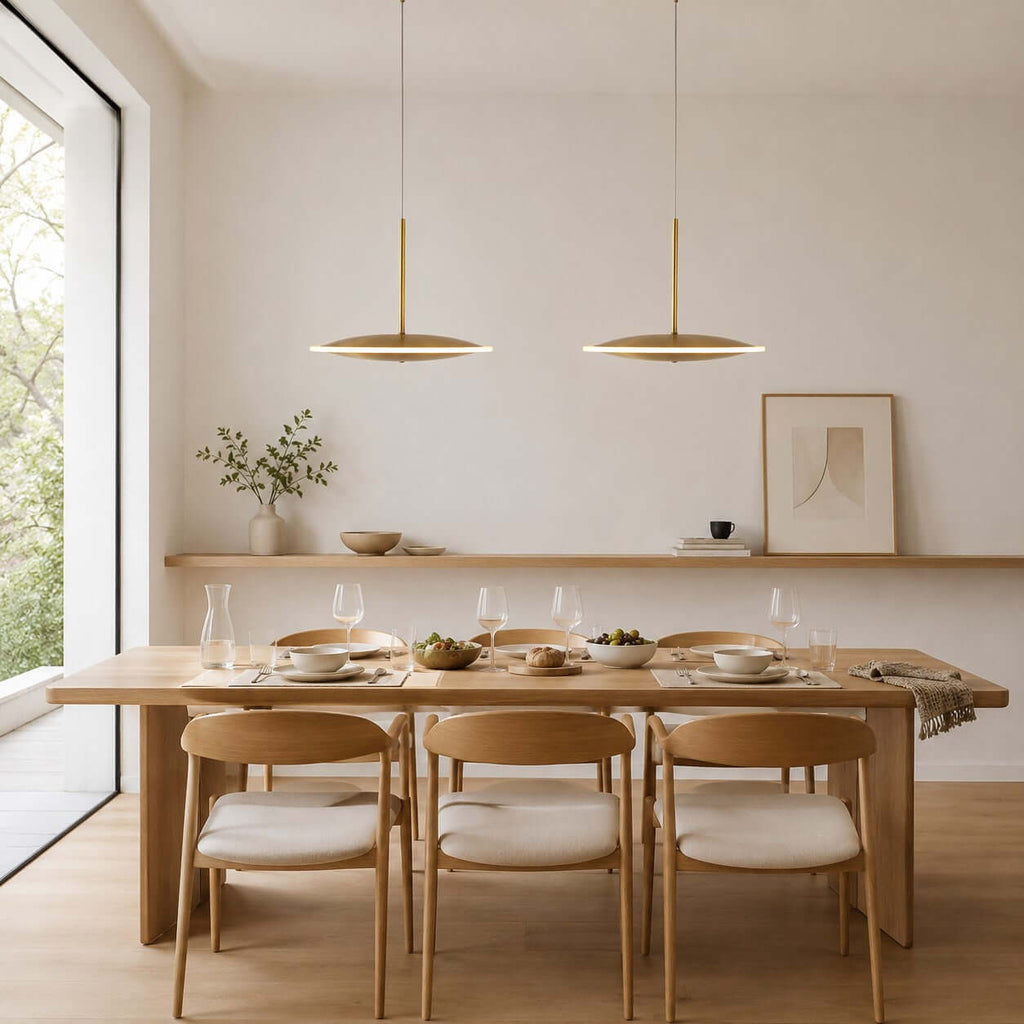 Two horizontal Clérachic disc pendants in brushed gold hang over a long oak dining table with white-seated wooden chairs and a floating shelf.
