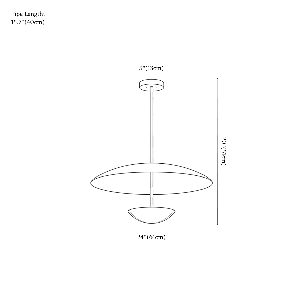 Clérachic pendant light dimension drawing, every measurement marked in centimetres and inches.