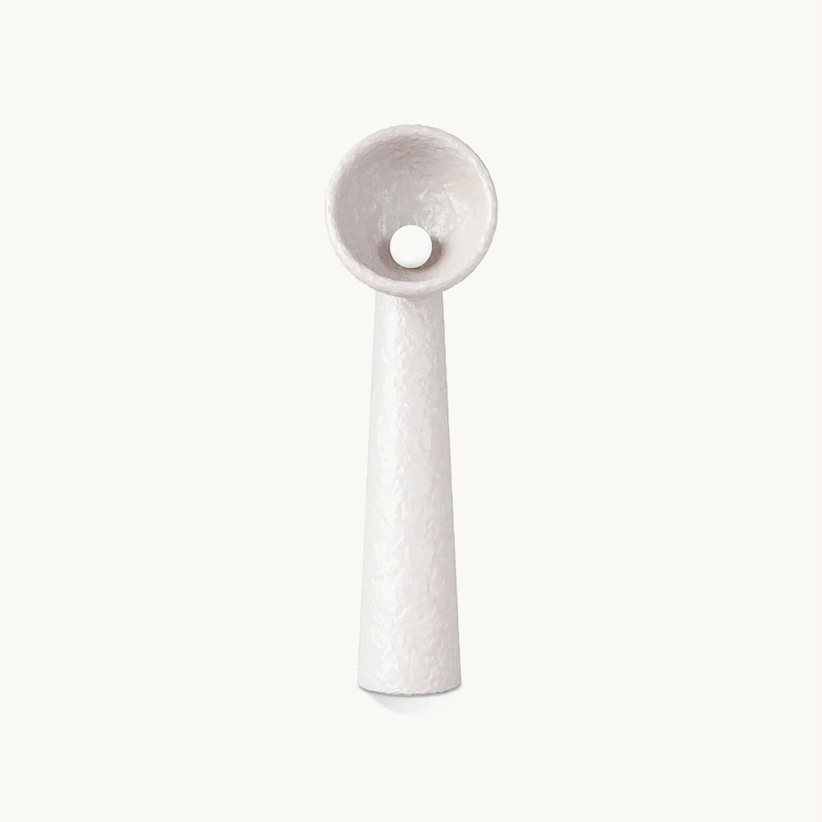 White textured resin Clérachic floor lamp with a tapering stem and a bowl-shaped shade holding a round white bulb, on a plain backdrop.