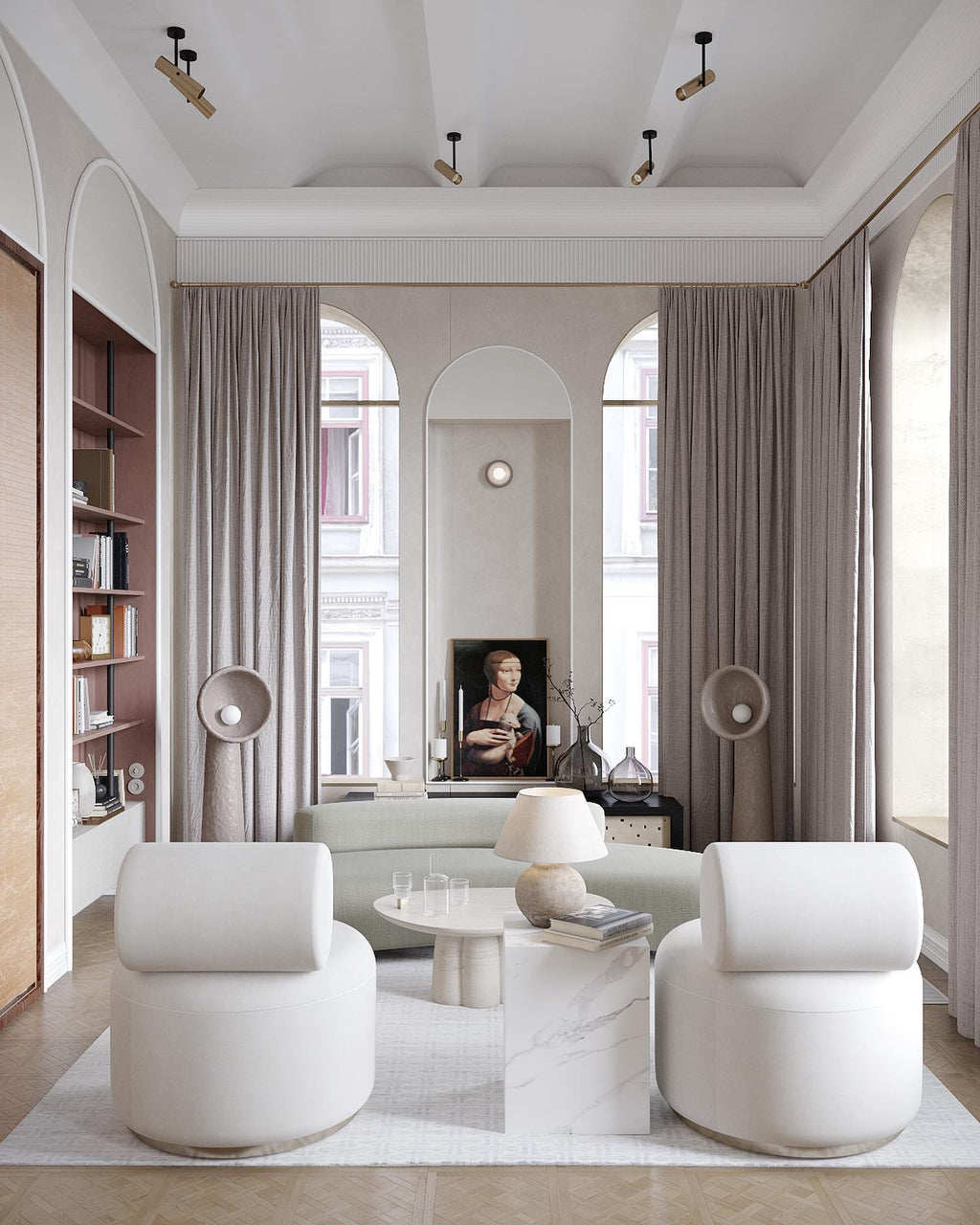 White Clérachic floor lamps in a tall, bright sitting room with arched windows, curtains and cream armchairs.