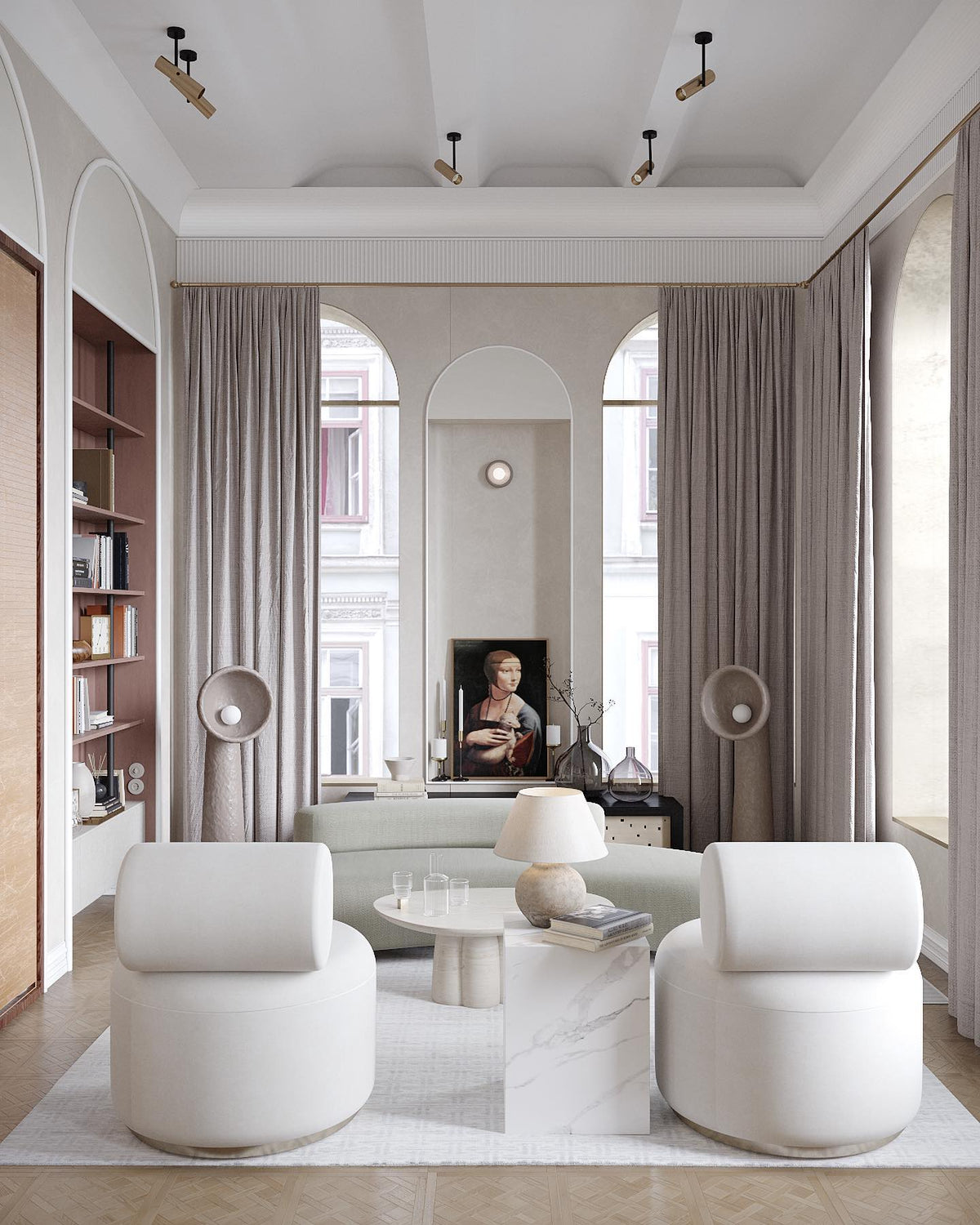 White Clérachic floor lamps in a tall, bright sitting room with arched windows, curtains and cream armchairs.